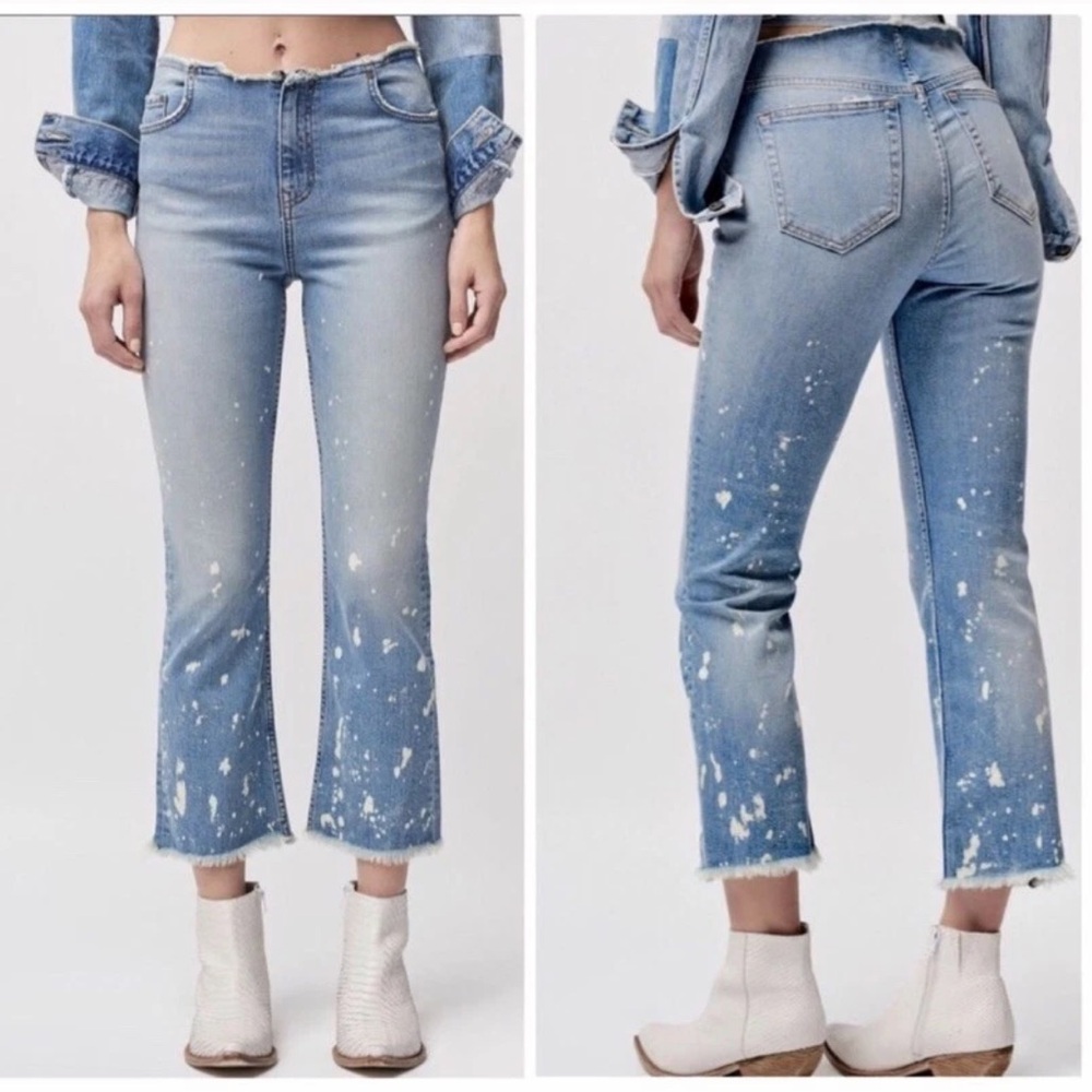 Free People Light Blue Paint-Splatter Cropped Jeans